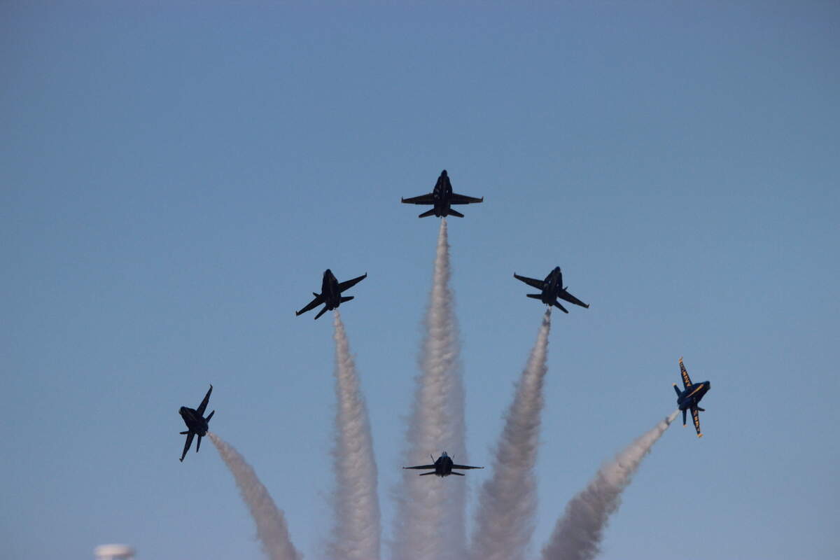 The Blue Angels perform a burst pattern at the 2019 MCAS Beaufort Air Show at the Marine Corps Air Station Beaufort.
