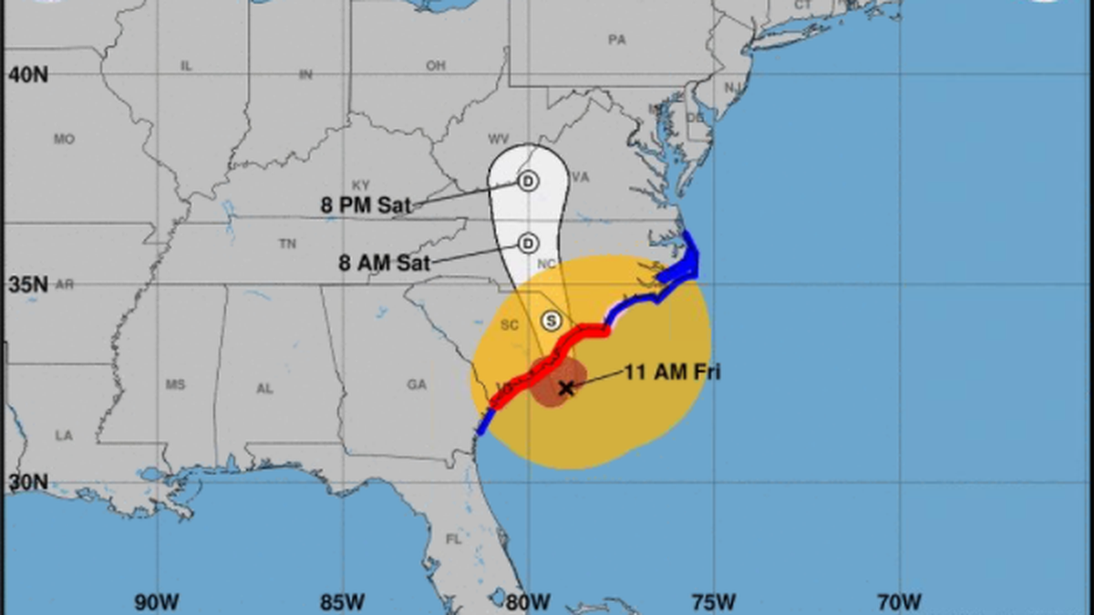 The orange shading on the map indicates the wind field from Hurricane Ian, which is expected to hit South Carolina’s coast Friday afternoon.