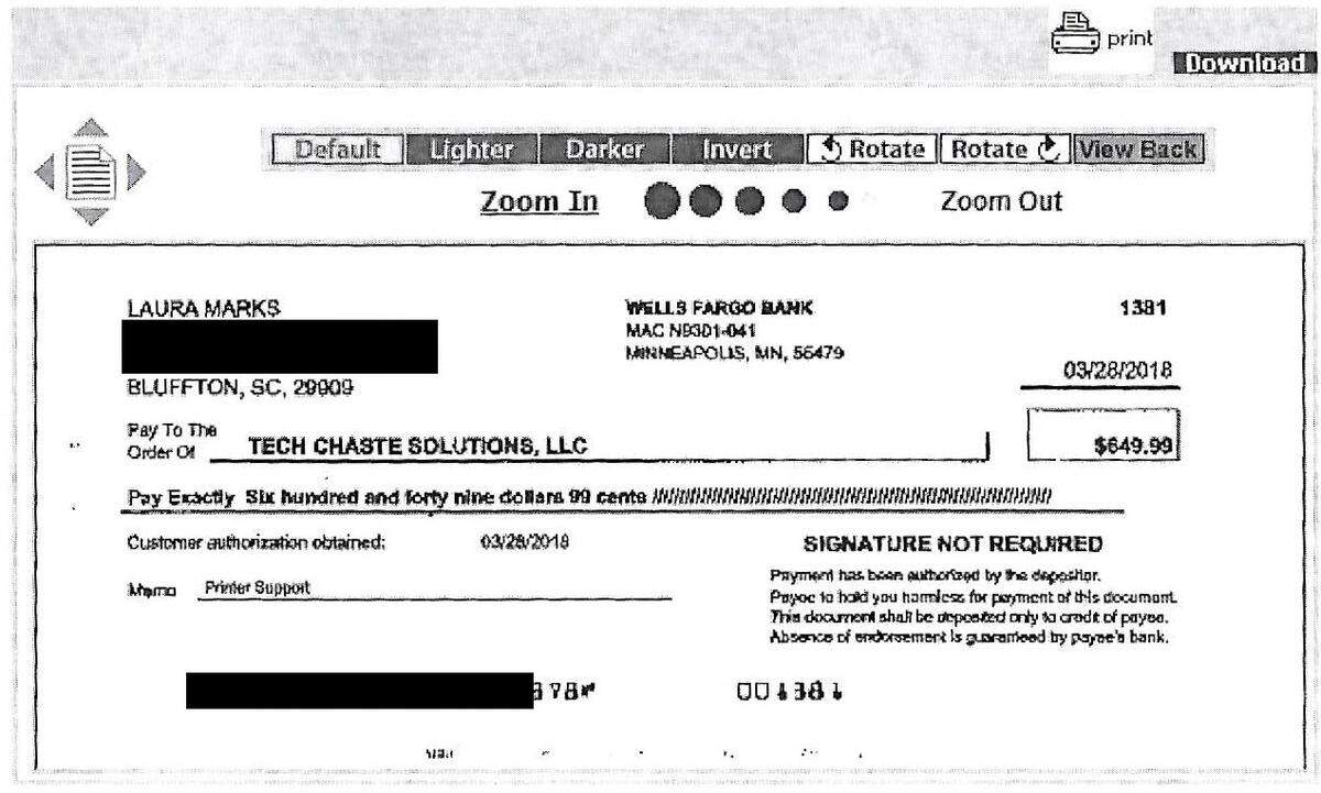 Pictured is the check that was cashed by Tech Chaste Solutions, LLC for $649.99 that Laura Marks paid for printer support and firewall protection in March. Four months later she received a call saying the company could no longer honor the five-year deal and would refund her money.