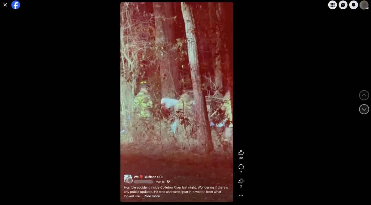 A screenshot of a video shared on social media shows the aftermath of a Mercedes’ collision with a tree on March 14, 2026, in the Colleton River Club gated community. State troopers assumed the investigation due to the severity of injuries, according to the Beaufort County Sheriff’s Office.