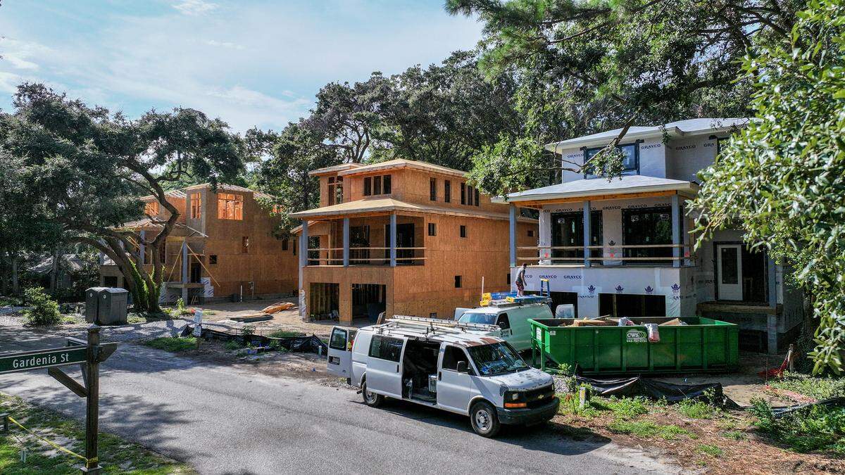 One owner is building three, three-story single family homes in the Holiday Homes neighborhood as photographed on July 29, 2025, on Hilton Head Island. Building permits note that each home is over 4,000 total square feet with each having an elevator. Some residents are concerned that their neighborhood, made up primarily of single-story ranch style homes, will lose its charm and become a mecca for short term rentals.