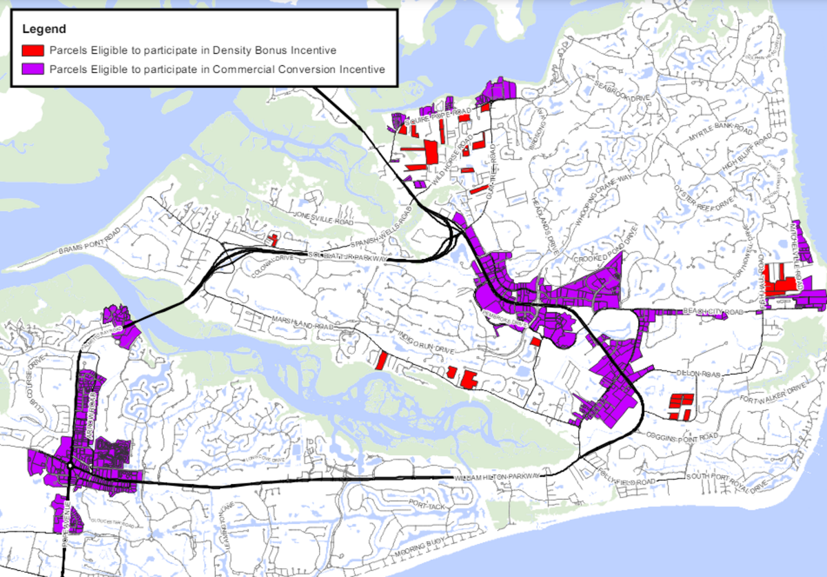 This Town of Hilton Head Island map shows parcels eligible to participate in the density bonus incentive (red), and parcels eligible to participate in the commercial conversion incentive (purple).
