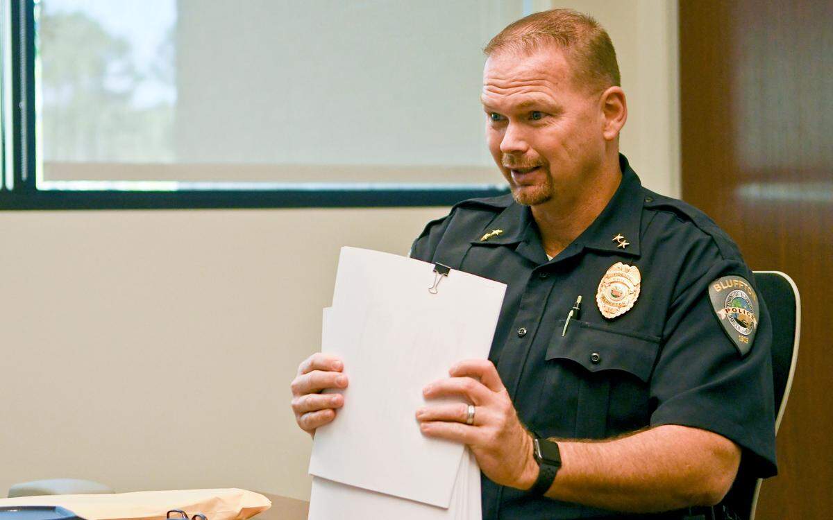 Incoming Bluffton Police Chief Chris Chapmond gathers a bundle of applications of those that have made the first cut to join Bluffton’s force. Chapmond and his executive staff have developed a strict policy that candidates must meet in order to join the force, which includes a disqualifier list, and among others, making it through an agility course.