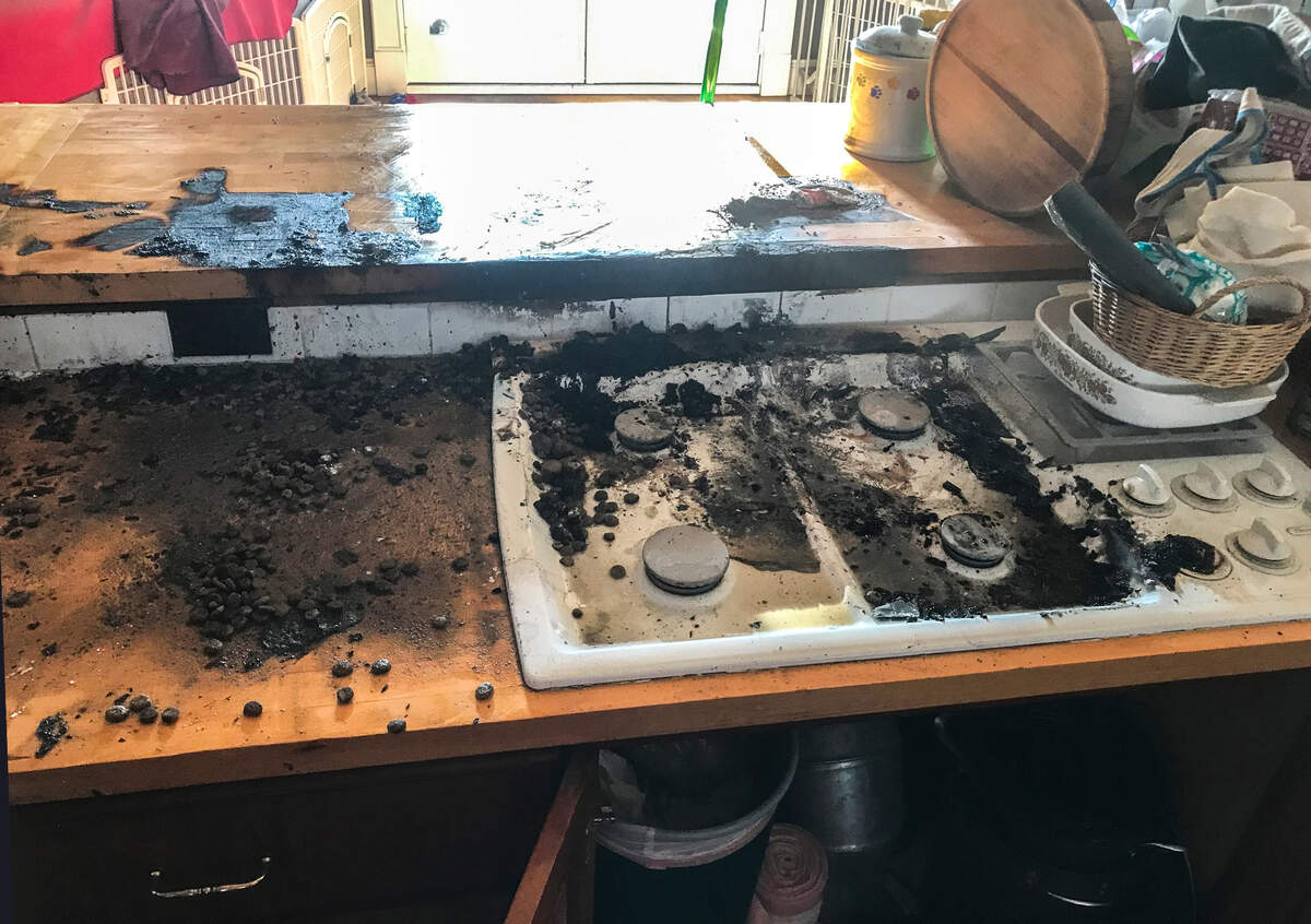 Danielle Smith’s counter and cooktop after the Dec. 24, 2021 fire at her home on Jenkins Island.