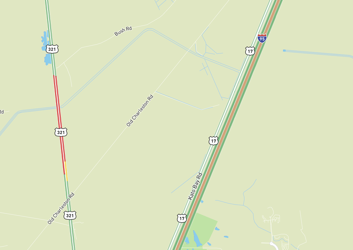 Traffic maps showed significant backups near the intersection of Deerfield Road (U.S. 321) and Old Charleston Highway after a fatal crash closed the roadway the morning of March 6, 2026, according to the Jasper County Sheriff’s Office.
