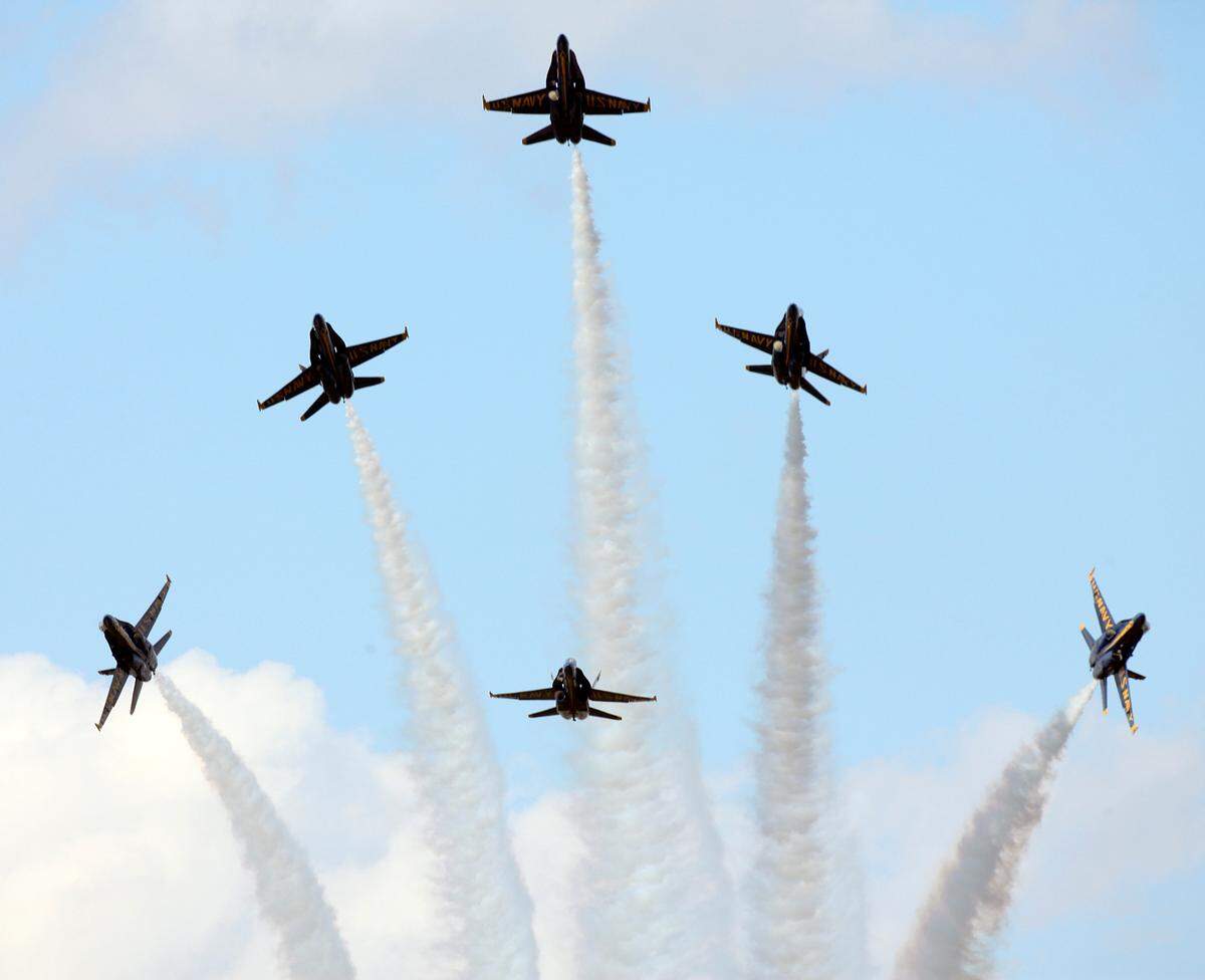 The U.S. Navy Flight Demonstration Squadron, the Blue Angels, practice for the Marine Corps Air Station Beaufort Air Show, April 26, 2019.