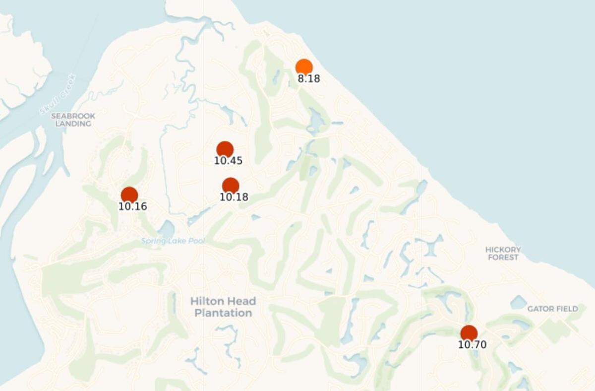 Tropical Storm Debby-driven rainfall totals in the northern end of Hilton Head, South Carolina, covering a 120-hour period that began early Sunday morning, Aug. 4, 2024, and lasted through Thursday, Aug. 8, 2024.