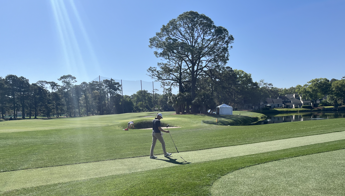 Brian Campbell, a Bluffton golfer and first-time competitor in RBC Heritage Presented by Boeing, walks between the 9th and 10th holes during his first round on April 17, 2025.