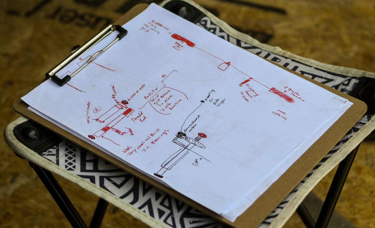 A clipboard of sketches for the build of Gator Bait seen pictured on June 6, 2022 at Kody Wilson’s Lady’s Island home. This sketch features designs for the braking system.