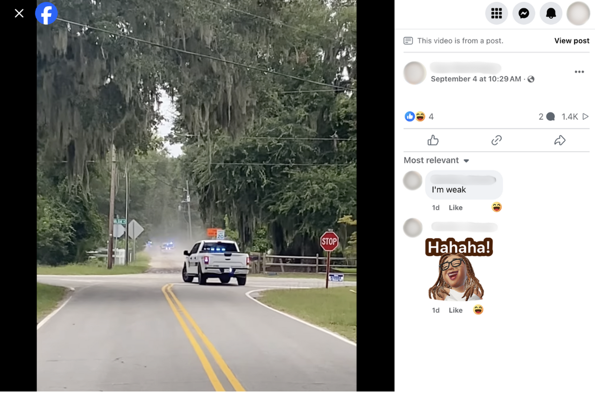 A screenshot of a public Facebook video shows several vehicles from the Beaufort County Sheriff’s Office driving down Seaside Road on St. Helena Island with sirens blaring Wednesday morning. Over a dozen officers were chasing a 17-year-old girl who had stolen her mom’s car in Georgia and fled across state lines.