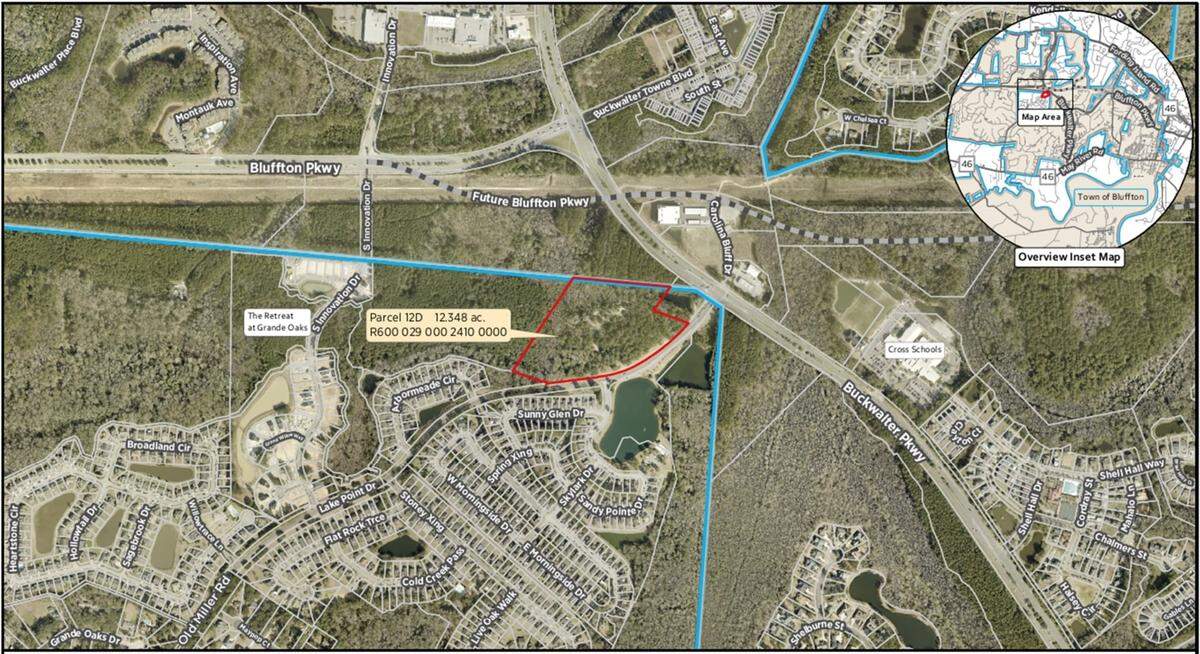 Prominent developer John Reed wants to annex 12.35 acres of undeveloped land into Bluffton town limits. The property is highlighted in red.