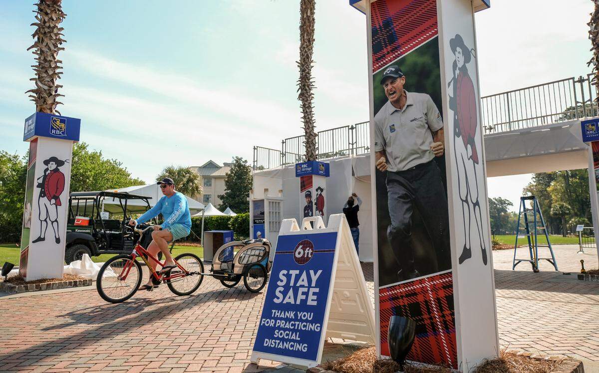 Along with a reduction in crowd size, signage informs patrons on Thursday, April 8, 2021 to socially distance for this years RBC Heritage Presented by Boeing at Harbour Town Golf Links in Sea Pines on Hilton Head Island.