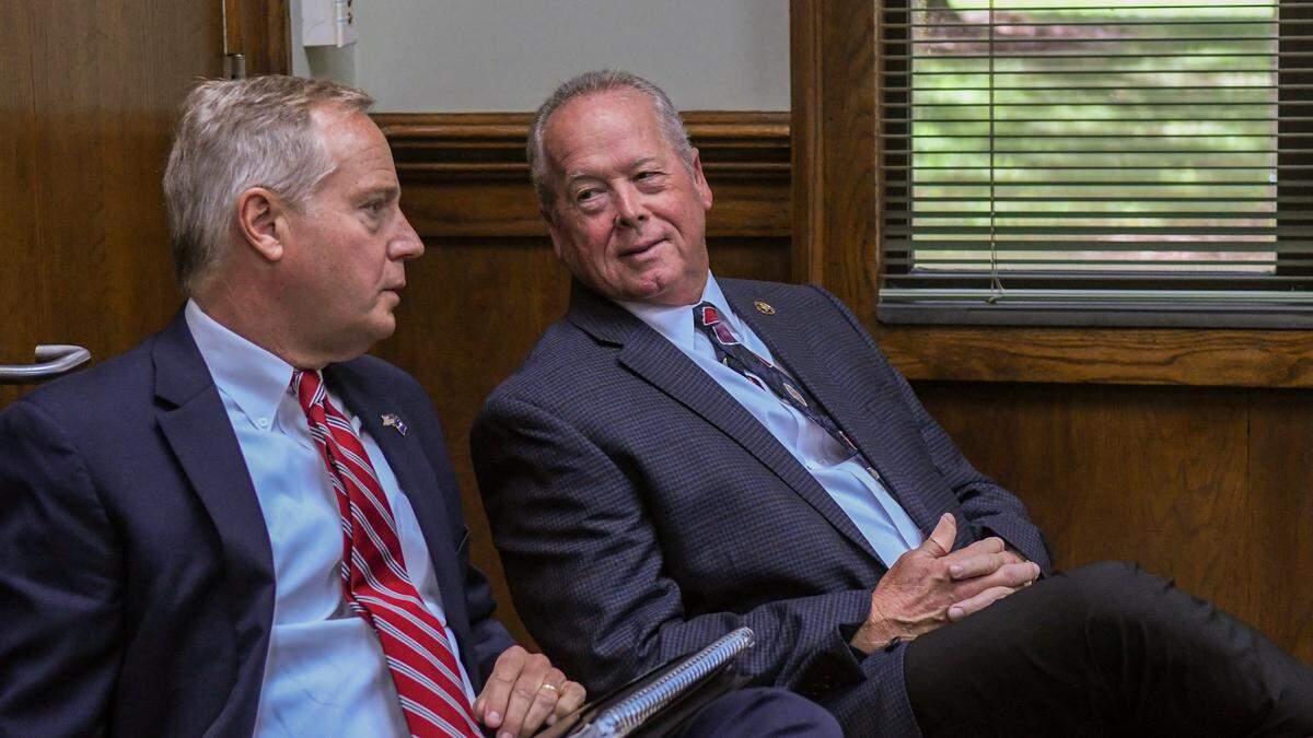 14th Circuit Solicitor Duffie Stone, left talks with Beaufort County Sheriff PJ Tanner at the end of the public meeting requested by former Beaufort County Administrator Eric Greenway on Monday, Sept. 11, 2023 at Beaufort County Council Chambers.