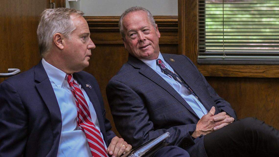14th Circuit Solicitor Duffie Stone, left talks with Beaufort County Sheriff PJ Tanner at the end of the public meeting requested by former Beaufort County Administrator Eric Greenway on Monday, Sept. 11, 2023 at Beaufort County Council Chambers.