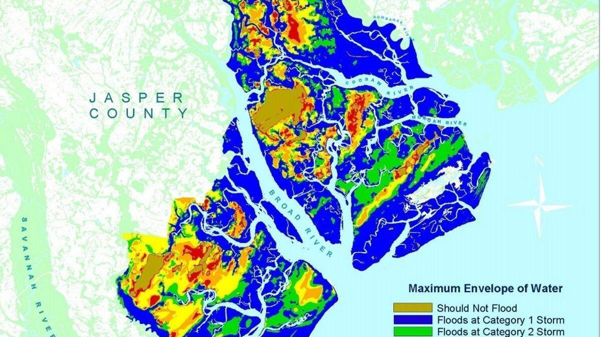 A map showing predicted inundation areas for Beaufort County following different hurricane categories.
