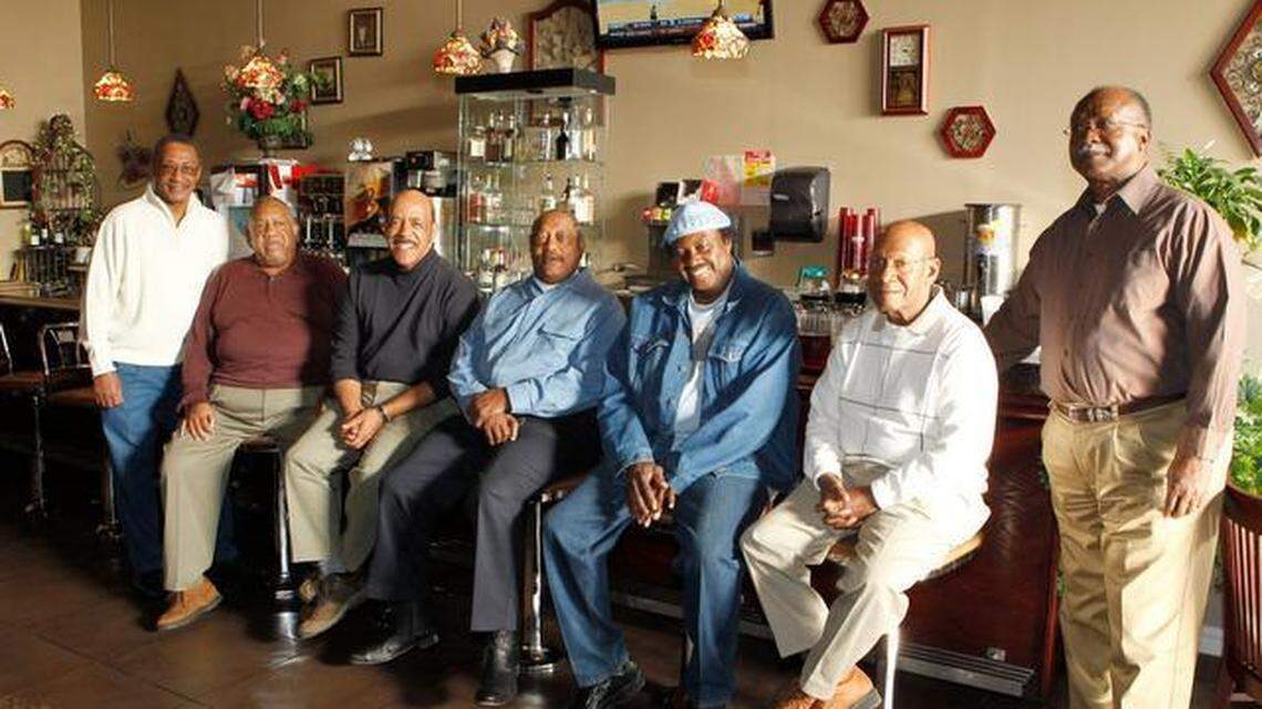 Friendship Nine members from left, Charles Taylor, Clarence Graham, Thomas Gaither, Willie McCleod, Mack Workman, W.T. "Dub" Massey and David Williamson in 2011, 50 years after their lunch counter protests.