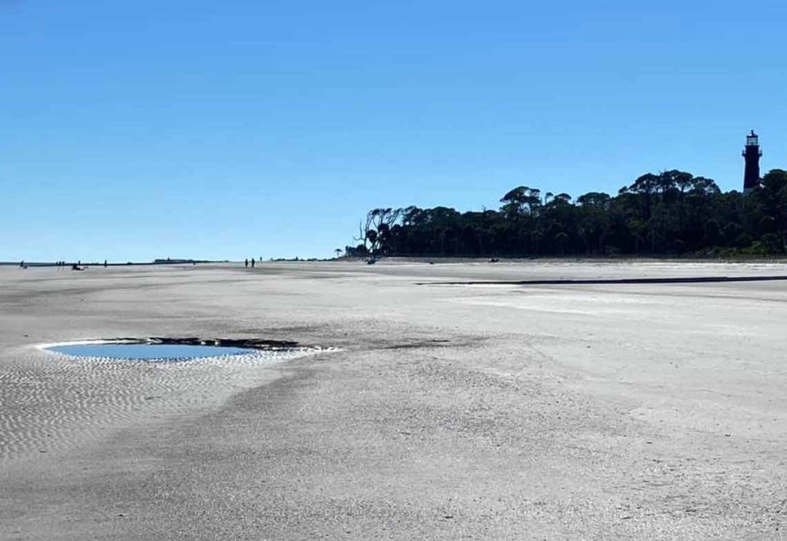 Missy Tracewell found the tooth at the bottom of a water-filled hole, pictured above, on Hunting Island beach.