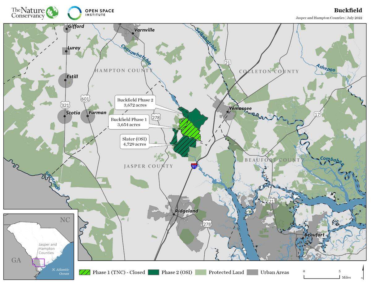 On June 30, The Nature Conservancy acquired 3,654 acres of Buckfield. The Open Space Institute intends to acquire 3,672 acres later this year. The 7,300 acres in coastal South Carolina’s Hampton and Jasper counties will be permanently protected.