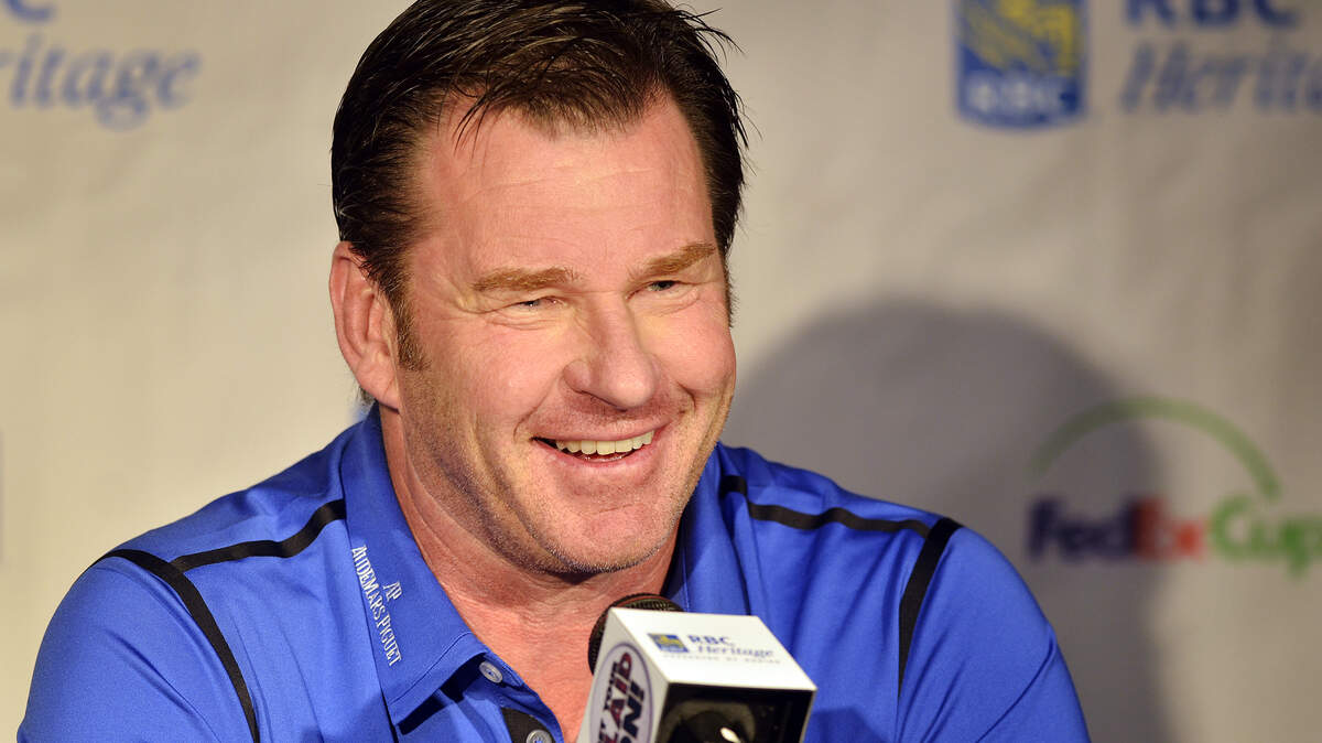 Nick Faldo speaks to media during an interview at the media tent during the Pro-Am at the RBC Heritage Presented by Boeing on April 16, 2014. 