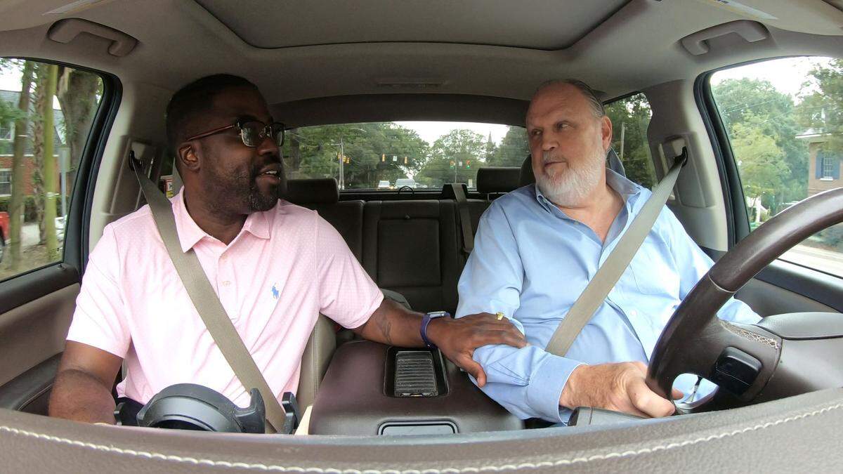 Rep. J.A. Moore, D-North Charleston, and Rep. Jeff Bradley, R-Hilton Head Island, drive through Charleston in the SCETV show “Food for Thought.”