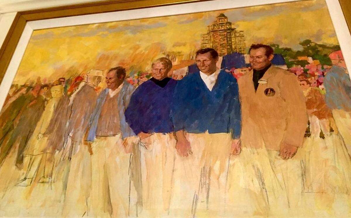 Pete Dye is at the far left in this painting by Coby Whitmore from the inaugural Heritage golf tournament in 1969. From left are course designers Dye and Jack Nicklaus, first Heritage champion Arnold Palmer, and Heritage and Sea Pines founder Charles E. Fraser. The painting hangs in the Harbour Town Clubhouse in Sea Pines on Hilton Head Island.