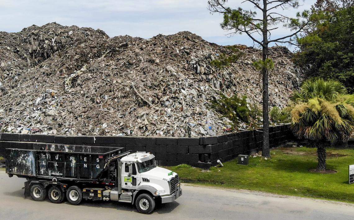 A Nature’s Calling container truck leaves Able Contracting’s Material Recovery Center on July 19, 2019.