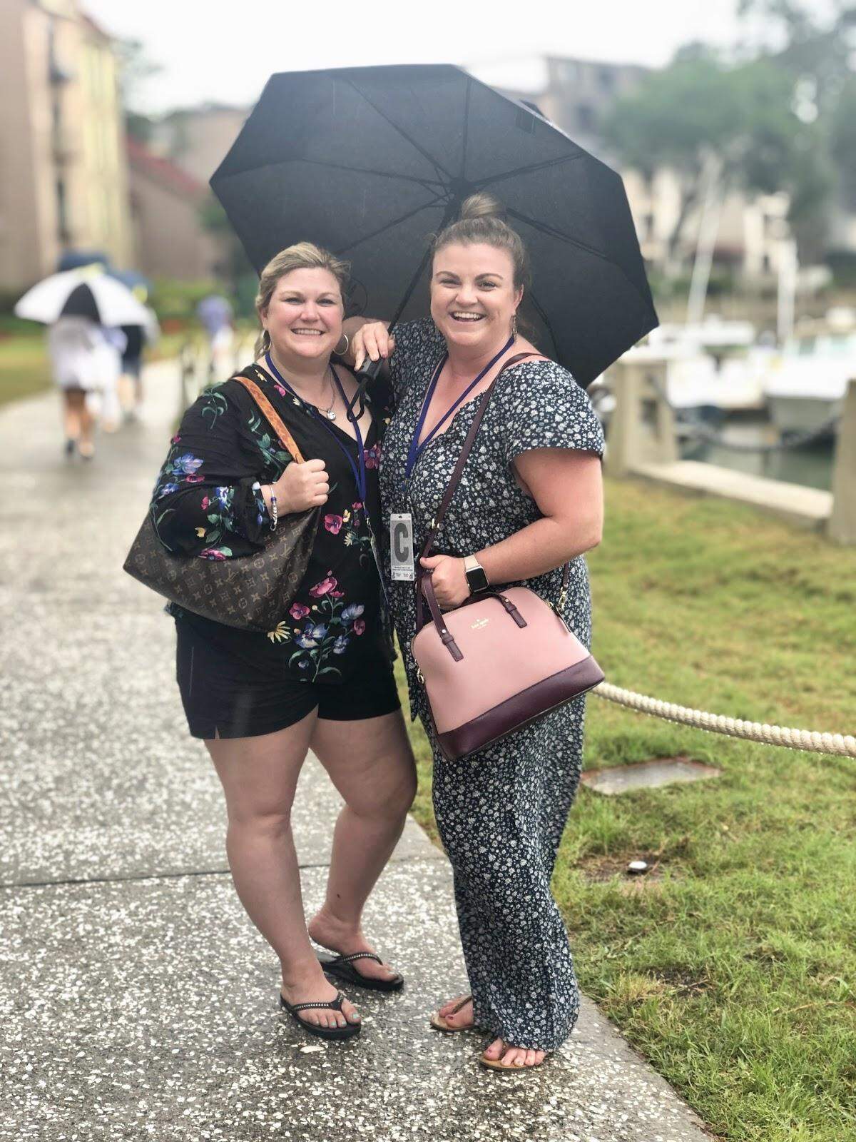 All smiles, Demi Mabry and Morgan Mabry said they absolutely came prepared for the weather but that didn’t keep them from wearing spring outfits: Demi, (right) wearing a jumpsuit and sporting a light pink Kate Spade purse matched perfectly with Morgan (left) in her floral top.