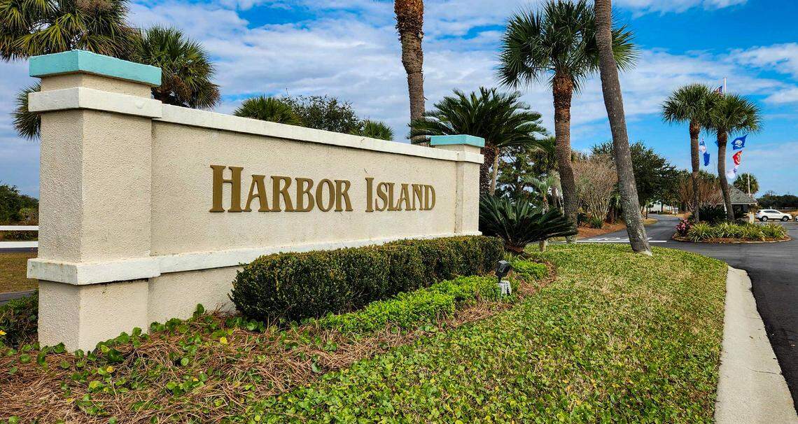 The entrance to the gated, private community of Harbor Island, a barrier island bounded by the Harbor River to the east and Hunting Island to the west as photographed on Dec. 6, 2022.