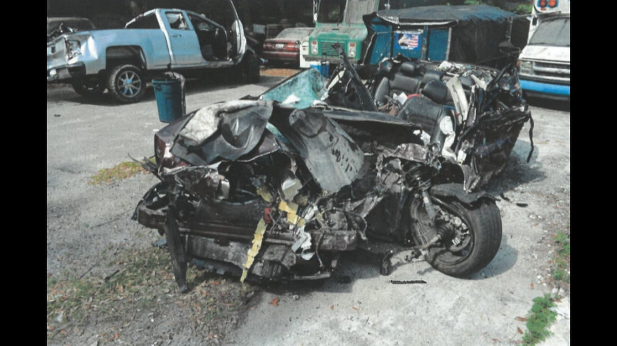 The remains of a burgundy Ford Fusion that carried five people in a head-on crash on the Hilton Head Island bridge on May 1, 2021. Two of the passengers of this car were killed in the wrong-way collision, according to S.C. Highway Patrol.