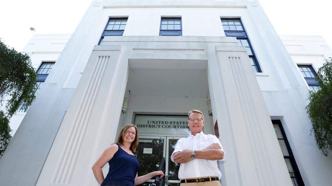 Megan Meyer and Andrew J. Beall, of the Santa Elena Foundation, are photographed in front of the United States District Courthouse in Beaufort on Thursday. The foundation is planning on opening a new space and exhibit in the Bay Street building, giving the organization more of a presence than it currently has.
