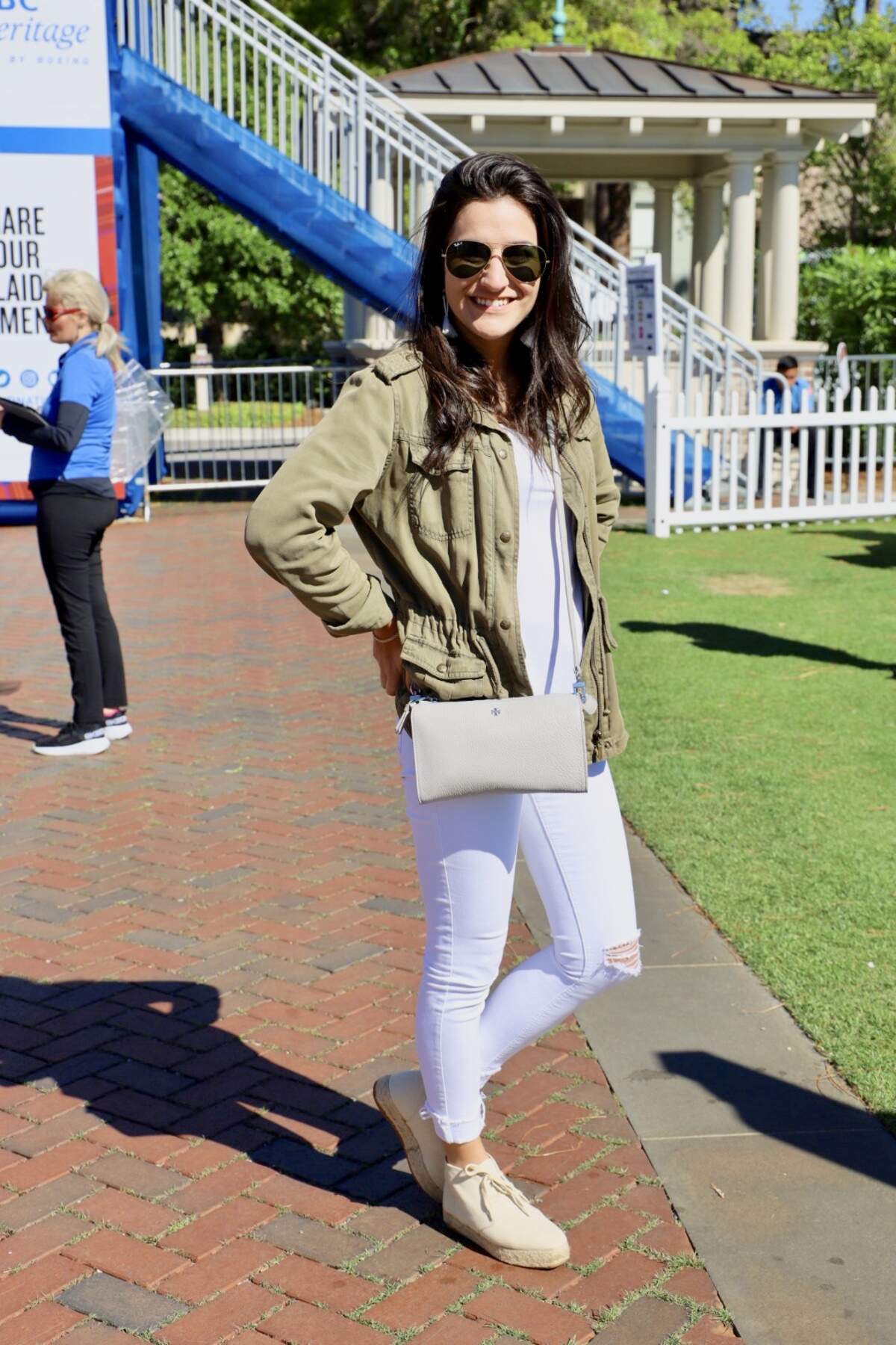 Jeda Borek’s all-white outfit was the perfect backdrop for her sage colored jacket. A sage colored jacket, white jeans, a white top and cream-colored platform sneakers are a great alternative to a brightly-colored dress on Easter if you prefer more wearing more neutral colors.