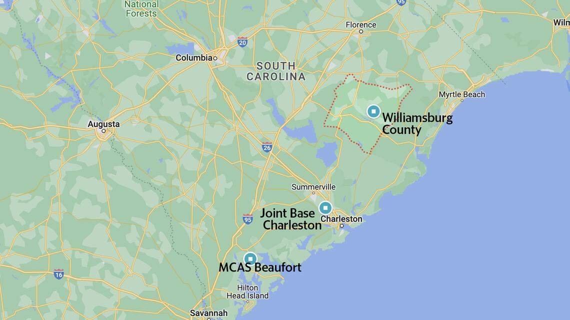 Site locator for MCAS Beaufort Lightning II fighter jet downed in Williamsburg County, SC.