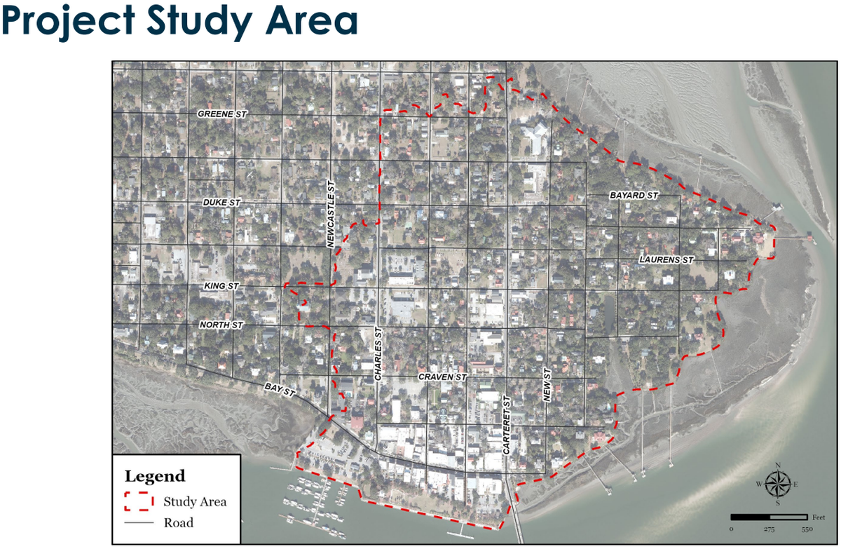 The red indicates the border of a $28 million storm drainage project in Beaufort to alleviate chronic flooding.