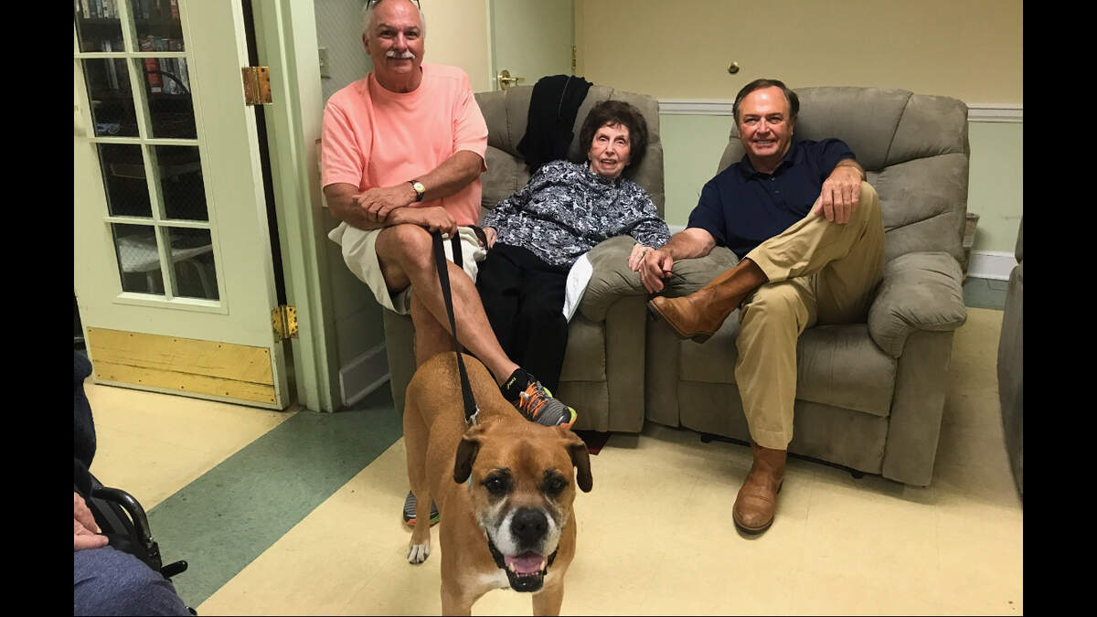 Romeo with Barry Ginn and his brother, E.R. “Bobby” Ginn III, visiting their mother, artist and interior decorator Virginia Bowers Ginn, prior to her passing in December 2018.