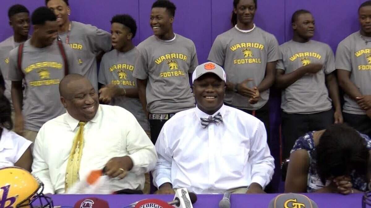 In this still from video, Whale Branch's Nyles Pinckney is all smiles as he announces for Clemson the afternoon of Aug. 21, 2015.