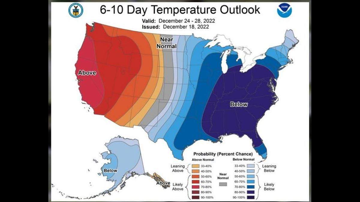 This graphic from the National Weather Service shows most of the U.S. will see colder than normal temperatures for Christmas week. A major snowstorm could be brewing, forecasters caution, and there is a slim chance South Carolina could see snow flurries.