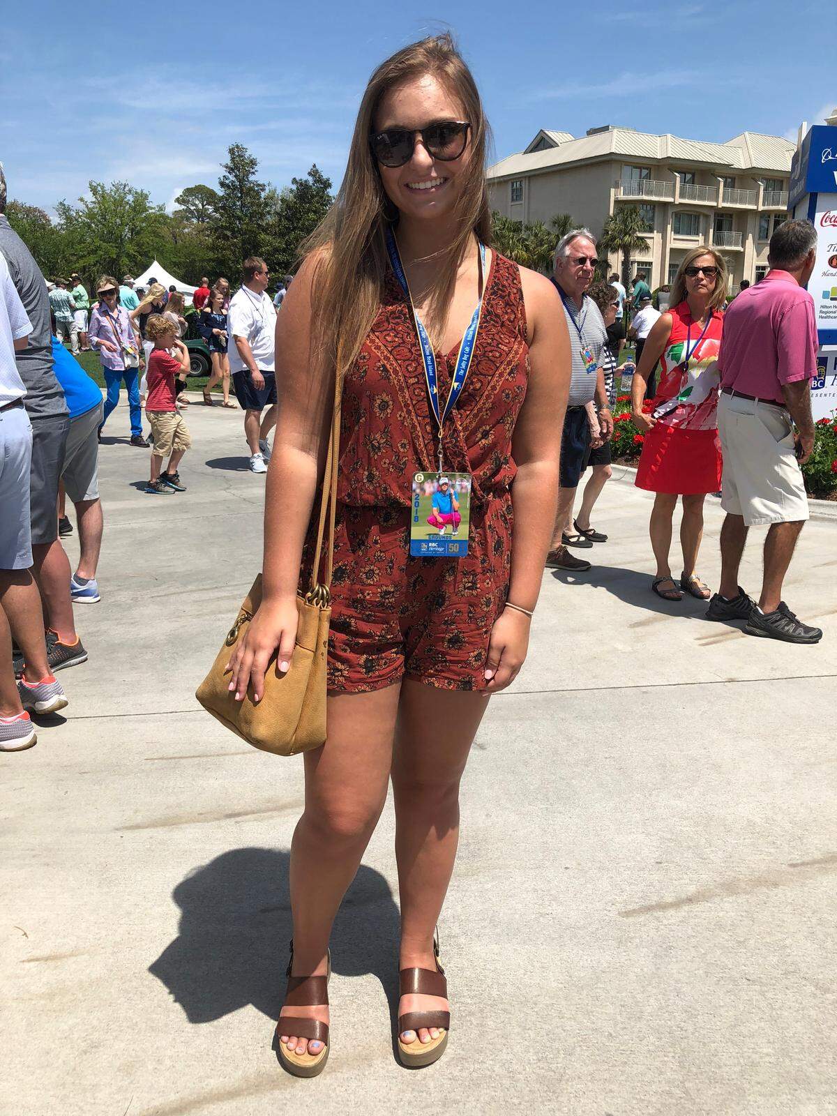Meghan Krikorian, from Massachusetts, wears a romper at the RBC Heritage Golf Tournament on Friday, April 13, 2018.