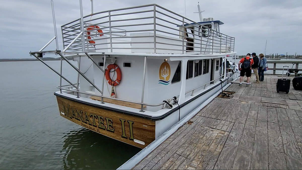 The Manatee II, the public ferry boat that travels from Pinckney Island to Daufuskie Island, tied up at the Melrose Boat Landing on March 26, 2024 on Daufuskie Island. The privately-owned dock has issues with its decking and missing or broken cleats.