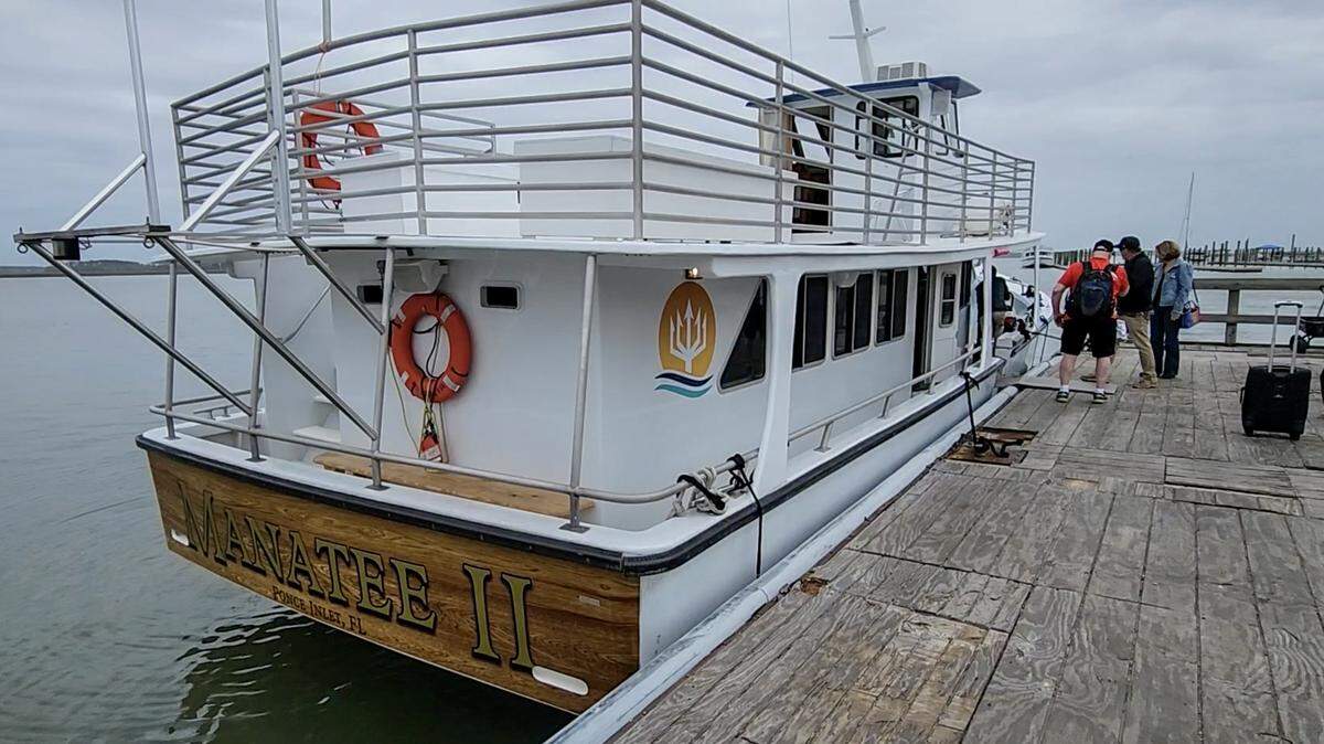 The Manatee II, the public ferry boat that travels from Pinckney Island to Daufuskie Island, tied up at the Melrose Boat Landing on March 26, 2024 on Daufuskie Island. The privately-owned dock has issues with its decking and missing or broken cleats.