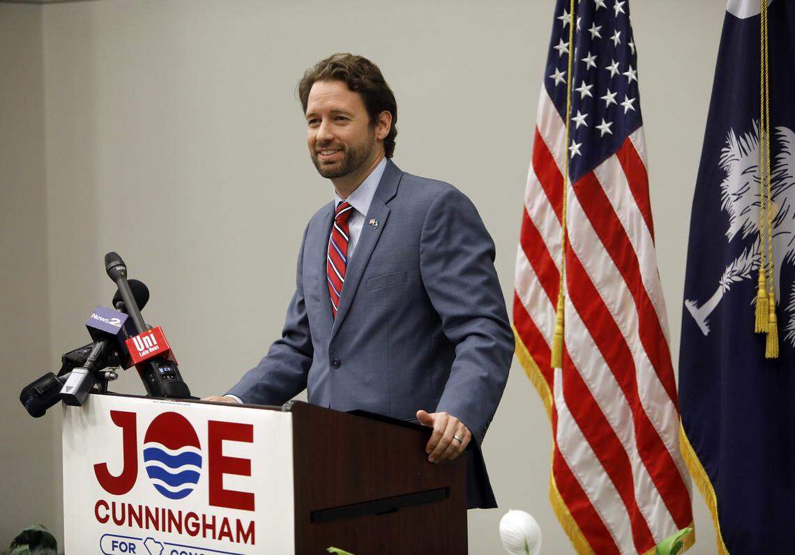 Democrat Joe Cunningham speaks during his victory press conference at the International Longshoremen’s Association hall in Charleston, S.C., Wednesday, Nov. 7, 2018. U.S. House candidate Cunningham used a personal touch and concern for local issues like offshore drilling to beat a Republican in conservative South Carolina.