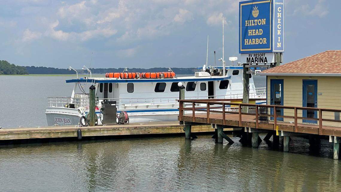 The Queen Jean, a former fishing and excursion boat out of North Carolina, photographed at the Hilton Head Harbor RV Resort on August 13, 2024