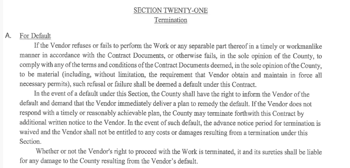 A screenshot of Section Twenty-One of the contract between Beaufort County and Lowcountry Ferry.