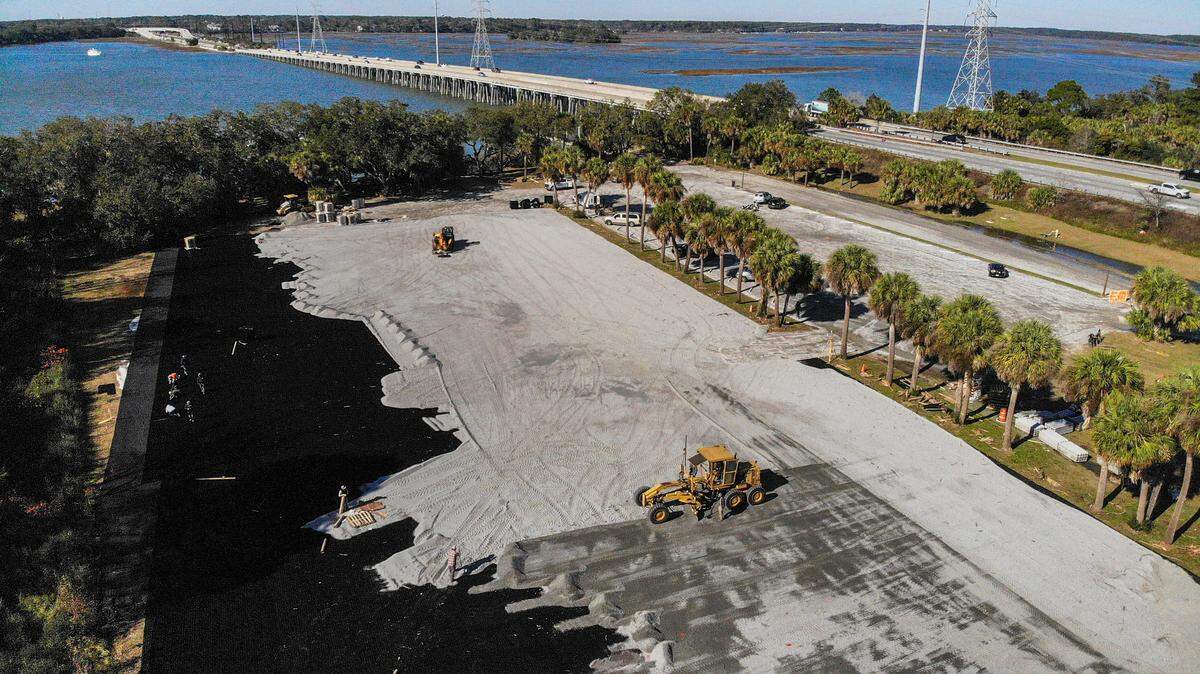 Black “EZ Roll Grass Pavers” can be seen, left, to make a porous parking lot at C.C. Haigh, Jr. Boat Landing on Pinckney Island as U.S. 278 travels along the Karl S. Bowers Bridge. Beaufort County is improving parking at the landing for the public ferry to Daufuskie Island until the county acquires land for the long term embarkation site at Cross Island Boat Landing on Hilton Head Island.