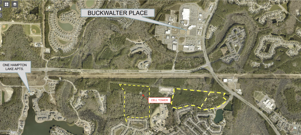 The property contains 65 acres, consisting of 27.4 upland acres and 38.2 wetland acres off of Buckwalter Parkway and Bluffton Parkway. The dotted-lined area represents the land annexed into the town. The annex areas are currently vacant, other than a cellular tower.