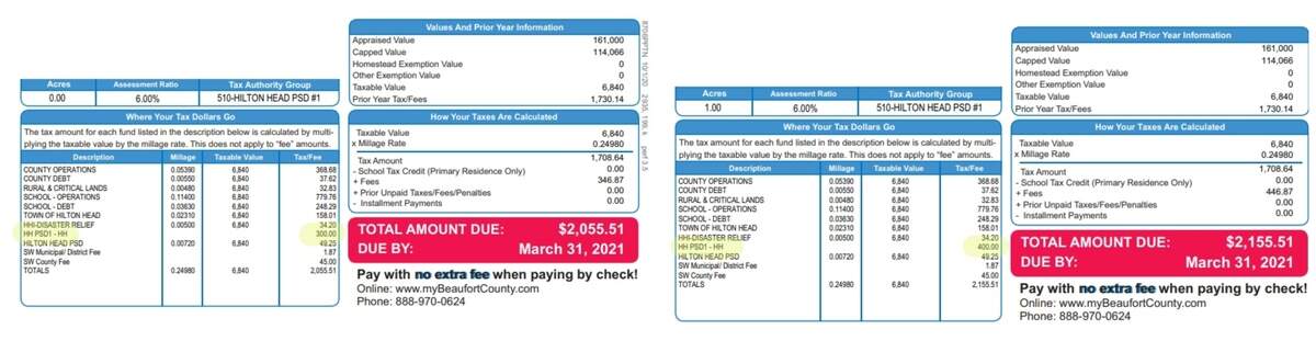 Hilton Head Island PSD fees on 2020 tax bills of residents who live on Christopher Road on Hilton Head Island. Sewer service was expanded to the road in recent years, but then property owners who have vacant land were assessed an “availability fee” by the PSD.
