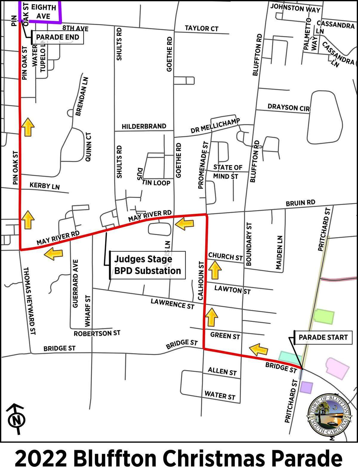 The route of the 2022 Bluffton Christmas Parade