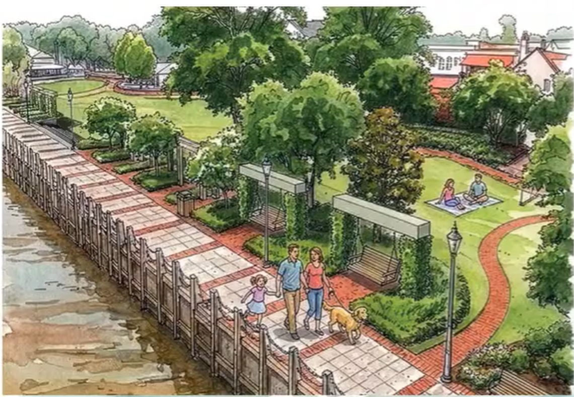 This rendering shows what Waterfront Park and the promenade may look like if Option 2 is chosen. That option involves raising the platform underneath the promenade, which will raise the walkway. But many features of the overall park would remain the same. Bill Barna of McSweeney Engineers noted that a survey of residents showed that many like the park the way it is now.