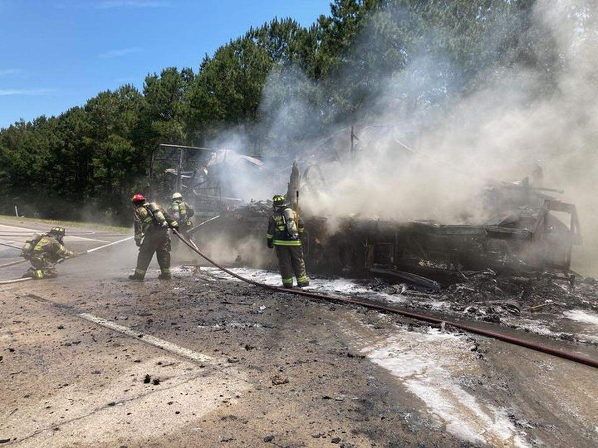 An RV fire Tuesday near I-95 in Jasper County caused lane closures and traffic backups on Tuesday, May 17, 2022.