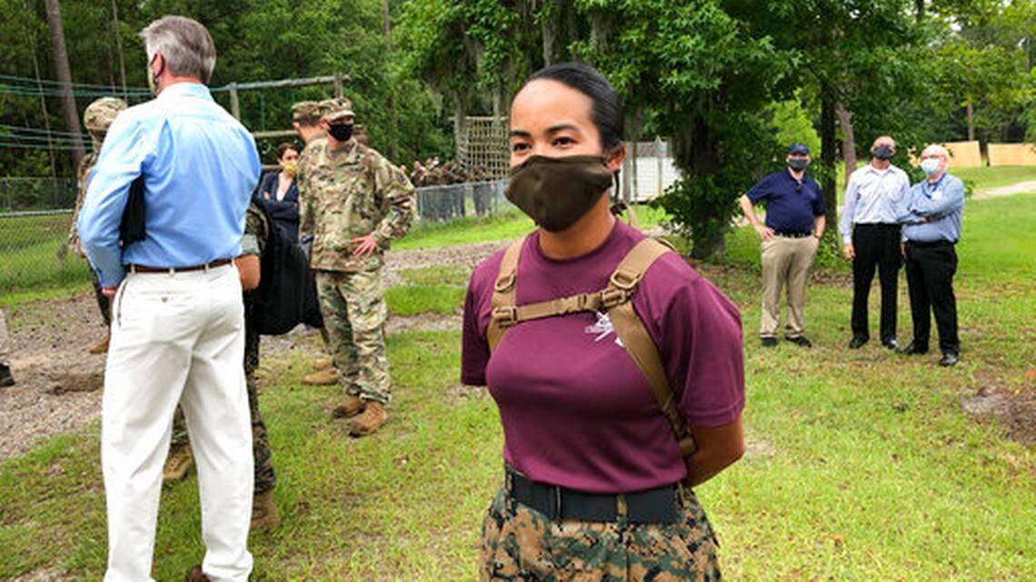 Staff Sgt. Katheryn Hunter, a Marine drill instructor at Parris Island Recruit Depot, poses for a photo on May 27, 2020.