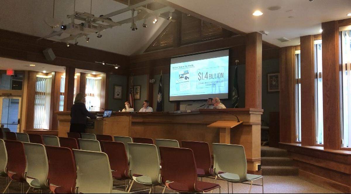 Vice president of the visitor and convention bureau Ariana Pernice presents the chamber of commerce’s marketing plan in front of the accommodations tax committee on April 4, 2019.
